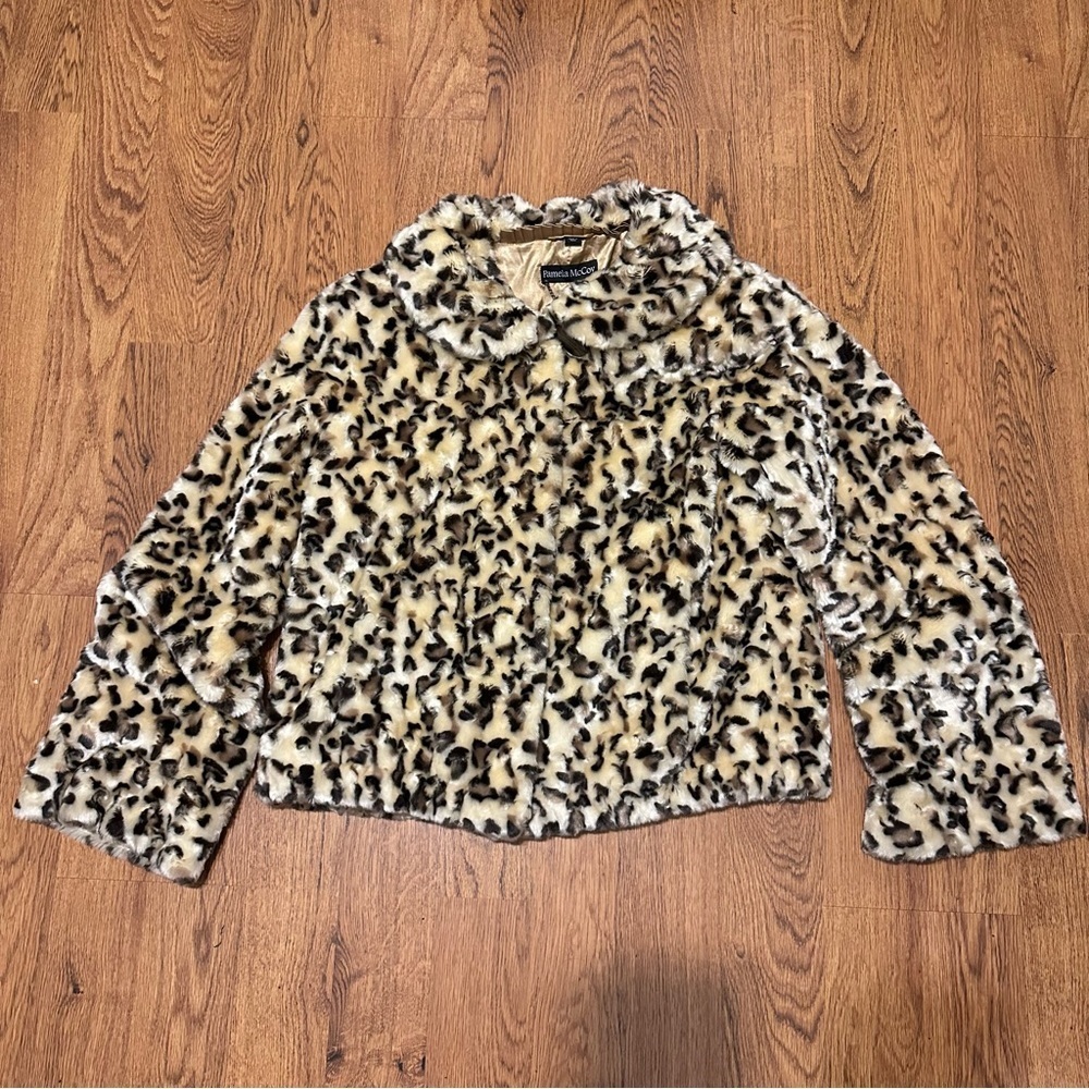 Pamela McCoy Leopard Print Faux Replica Fur MOBWIFE Lined Coat Jacket Large